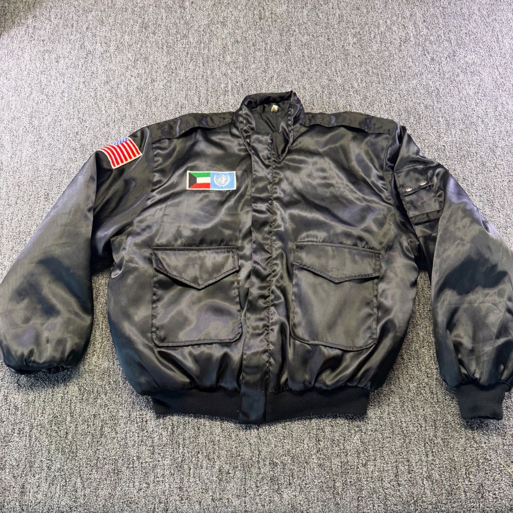 Vintage Desert Storm Satin Bomber Jacket Mens L USA Italy UN Patches 1990s